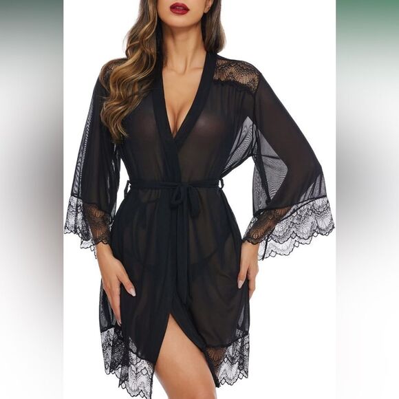 Womens Lingerie Robe Lace Kimono Robe Sexy Bathrobe Babydoll Nightgown Large - Picture 1 of 6